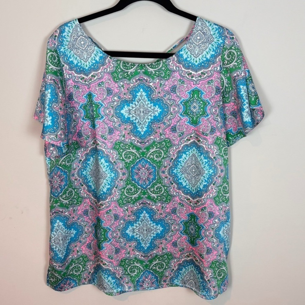 Talbots Womens Blue Paisley V-Neck‎ Back Flutter Sleeve Satin Top Large Workwear